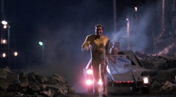 Ben Richards (Arnold Schwarzenegger) running from Dynamo in The Running Man (1987)